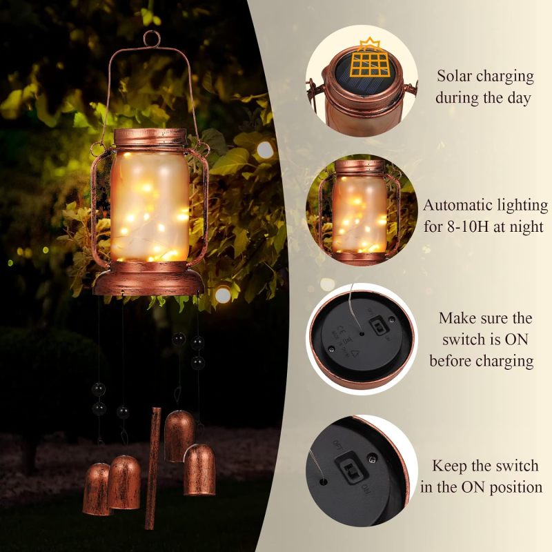 Solar Mason Jar Wind Chime Light Solar Wind Chimes for Outside Waterproof Wind Chimes Hanging Home Yard Outdoor for Decoration and Gift