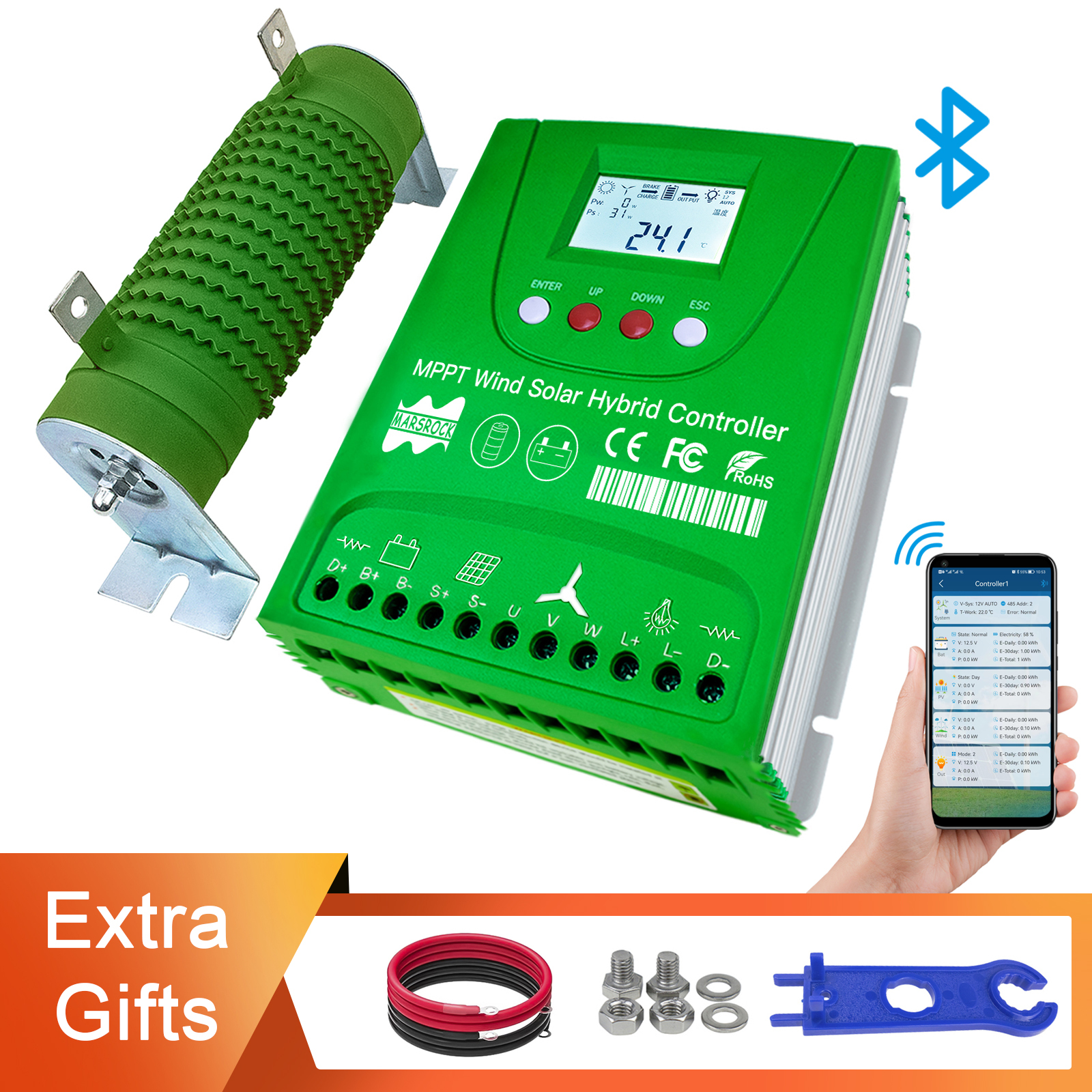 Mars Rock 12/24V 1000W Bluetooth Dump Load Hybrid Wind Solar Charge Controller Wind Turbine Controller MPPT Solar Charge Controller
