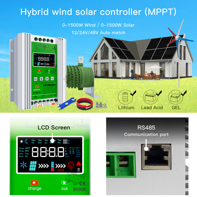 Mars Rock Mars Rock 2400w MPPT Hybrid Wind Solar Controller Charge And Discharge Regulator Deluxe Version For Wind  And Lithium Battery Colorful LCD Display