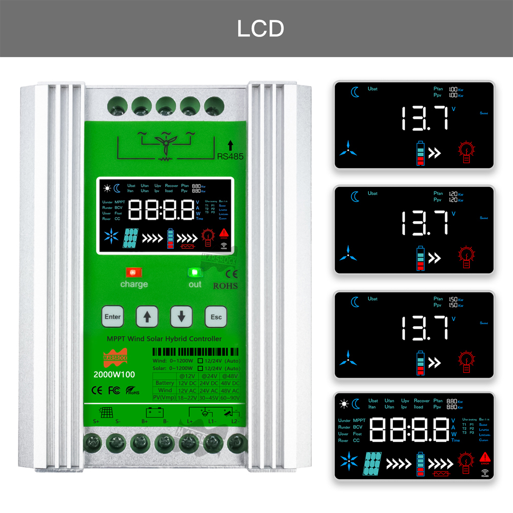 Mars Rock Mars Rock 2000w MPPT Hybrid Wind Solar Controller Charge And Discharge Regulator Deluxe Version For Wind  And Lithium Battery Colorful LCD Display