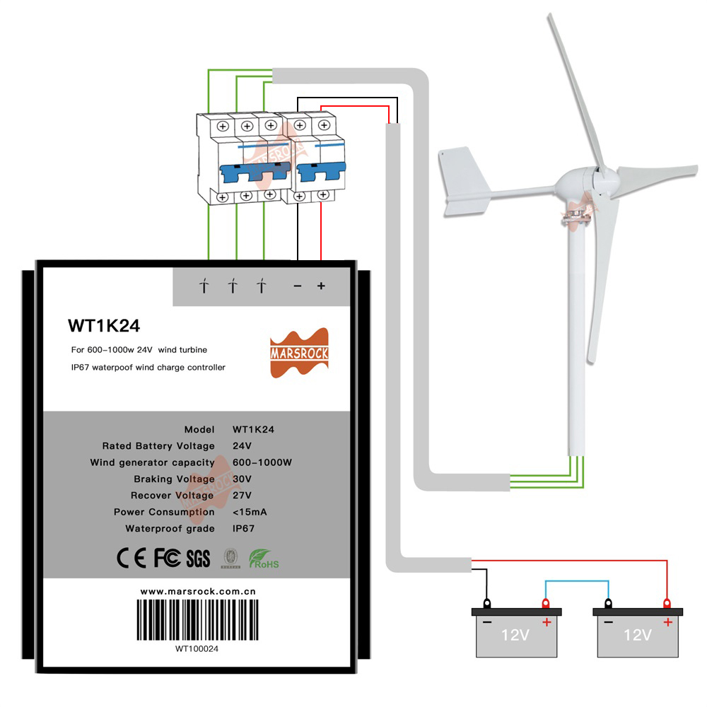Mars Rock MarsRock 1000W 24V Wind Turbine IP67 Waterproof PWM Wind Charge Controller with Battery Control