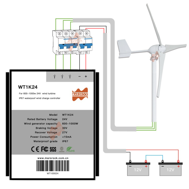 Mars Rock MarsRock 1000W 24V Wind Turbine IP67 Waterproof PWM Wind Charge Controller with Battery Control