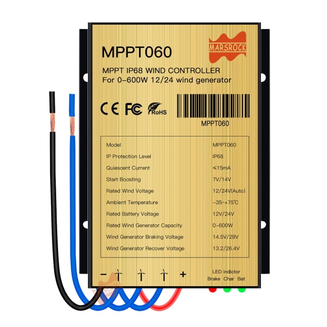 Mars Rock Mars Rock 0~600w 25A Mini Wind Charge Discharge MPPT Controller IP68 Waterproof Regular Auto Match Wind Output DC AC 12/24v Voltage Wind Power System ternary Lithium LFP Lead-Acid Gel Battery