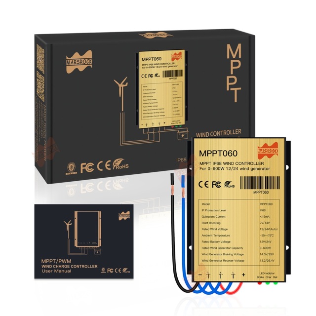 Mars Rock Mars Rock 0~600w 25A Mini Wind Charge Discharge MPPT Controller IP68 Waterproof Regular Auto Match Wind Output DC AC 12/24v Voltage Wind Power System ternary Lithium LFP Lead-Acid Gel Battery