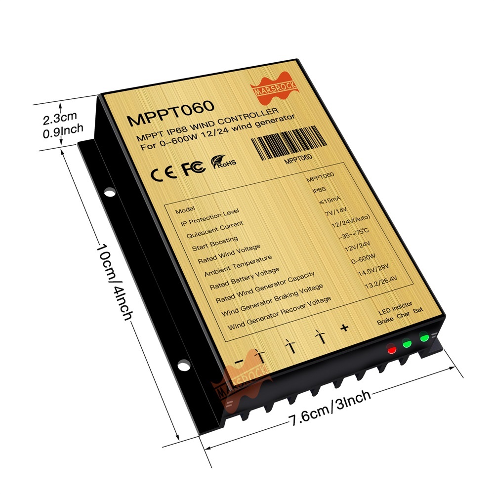 Mars Rock Mars Rock 0~600w 25A Mini Wind Charge Discharge MPPT Controller IP68 Waterproof Regular Auto Match Wind Output DC AC 12/24v Voltage Wind Power System ternary Lithium LFP Lead-Acid Gel Battery