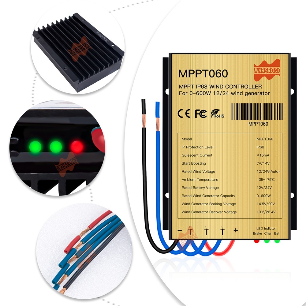 Mars Rock Mars Rock 0~600w 25A Mini Wind Charge Discharge MPPT Controller IP68 Waterproof Regular Auto Match Wind Output DC AC 12/24v Voltage Wind Power System ternary Lithium LFP Lead-Acid Gel Battery