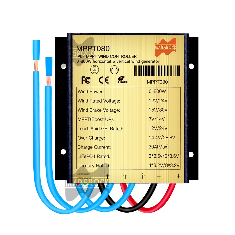 Mars Rock Mars Rock 0~800W 30A Mini Wind Charge Discharge MPPT Controller IP68 Waterproof Regular Auto Match Wind Output DC AC 12/24v Voltage Wind Power System Lithium Lead-Acid Gel Battery