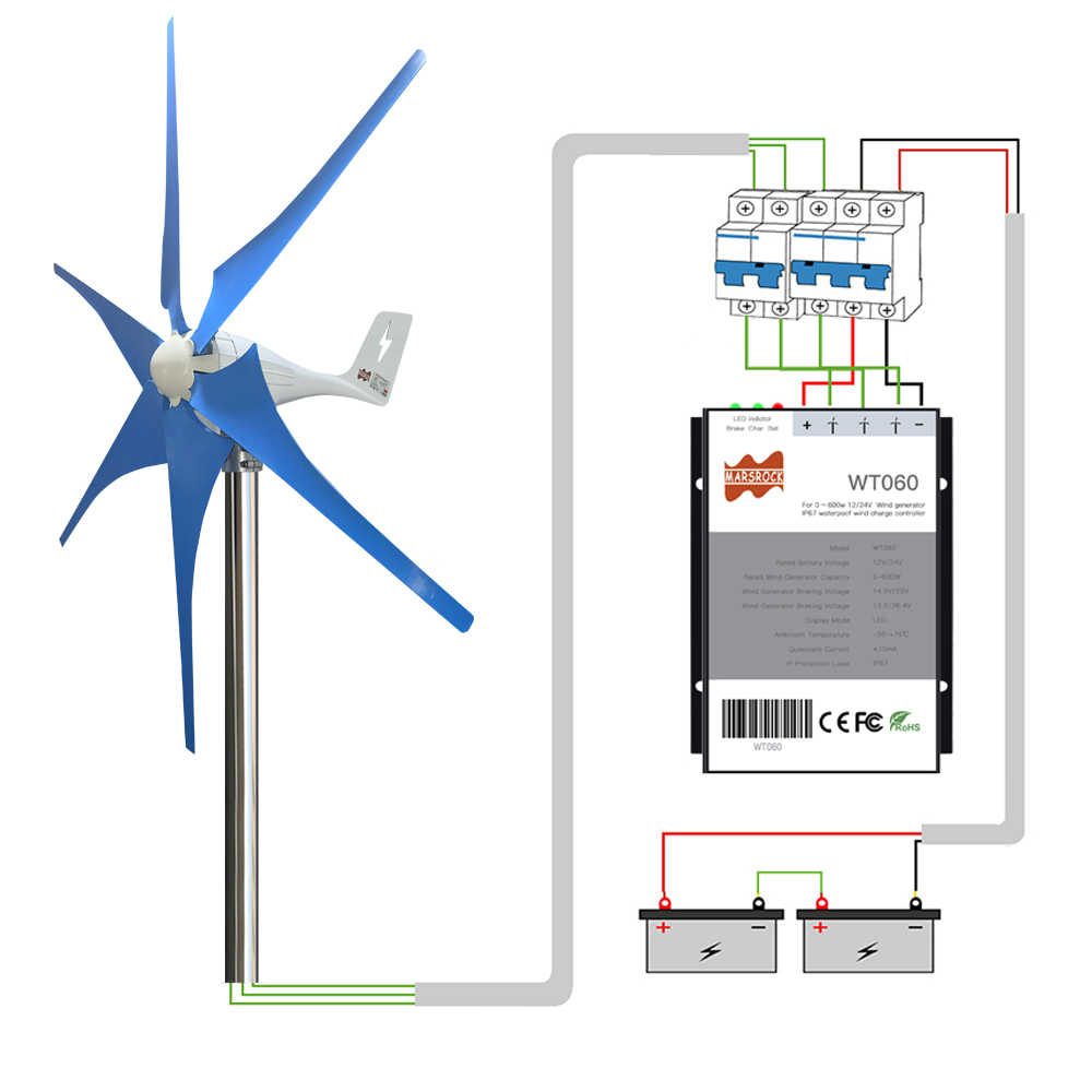 Mars Rock Mars Rock 0~600W  Mini Wind Charge Discharge MPPT Controller IP68 Waterproof Regular Auto Match Wind Output DC AC 12/24v Voltage Wind Power System Lithium Lead-Acid Gel Battery