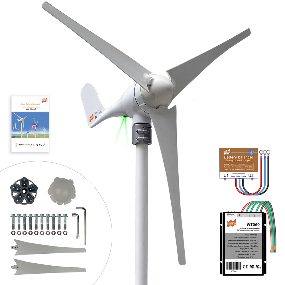 Mars Rock Mars Rock 400W 12V 24V 3 Blades Small Home Wind Turbine Generator MPPT Controller LED Charging Indicator Wind Power Windmill
