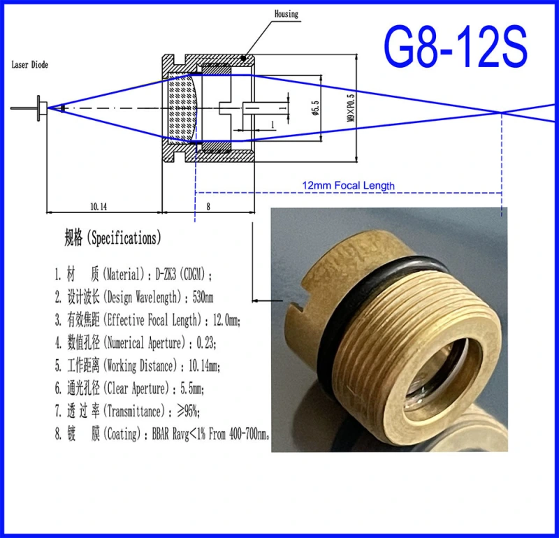 High Efficiency Mounted Collimating Glass Lens for 400nm-700nm Lasers (G8-12S)