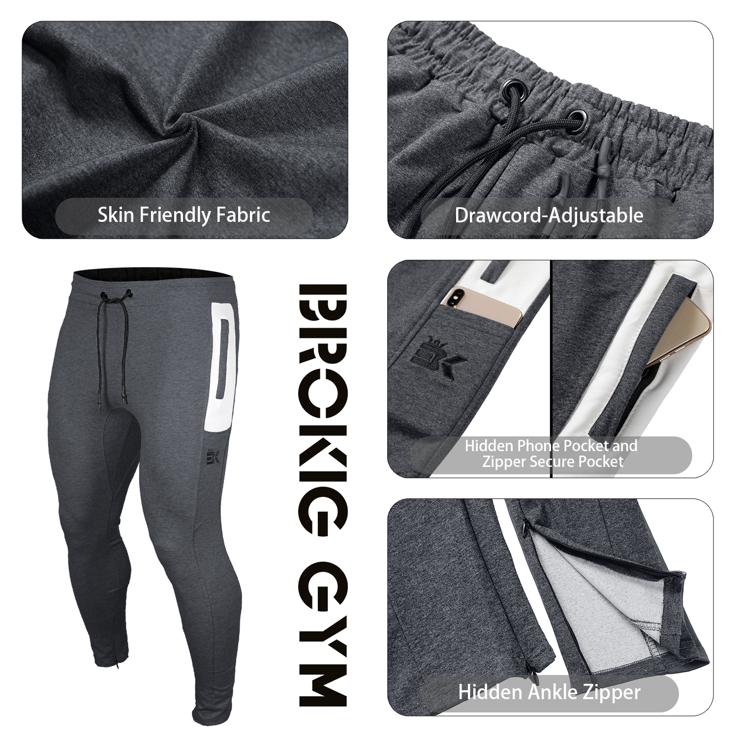 BROKIG Mens Workout Jogger Pants Gym Tapered Athletic Slim Sweatpants with Zipper  Pocket