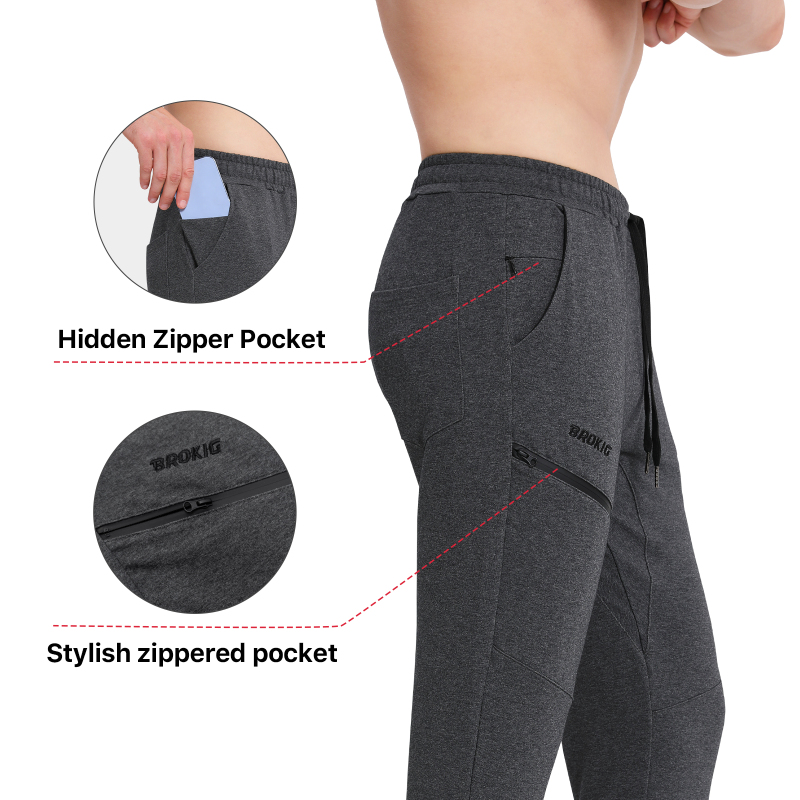BROKIG Double Zipper Pockets Slim Fit Workout Sweat Pants