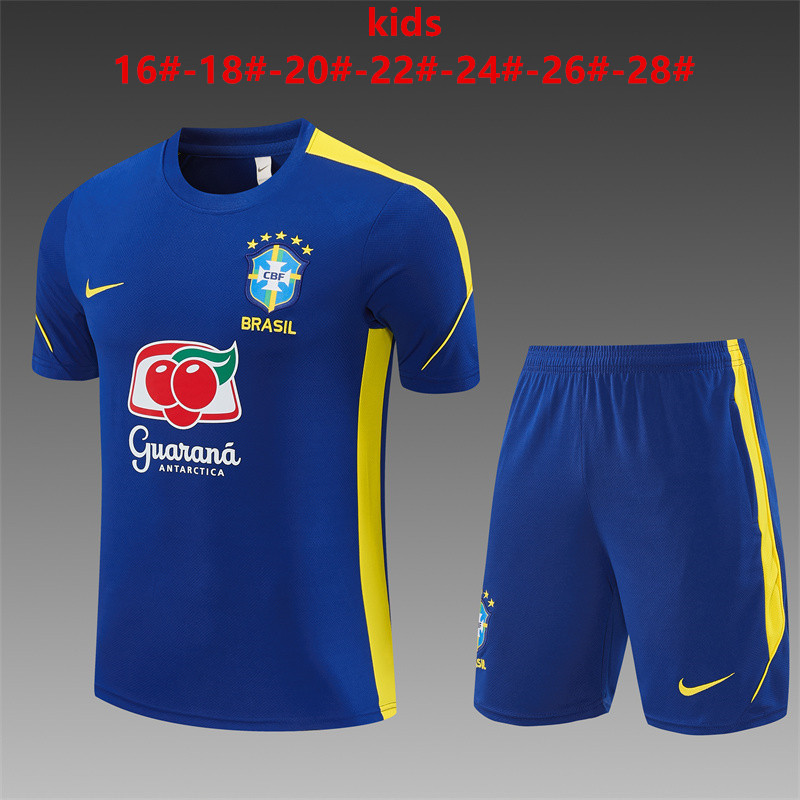 Brazil 2026 Kids Electric Blue Training Sets Zipper Pocket Short Sleeve |   C14012