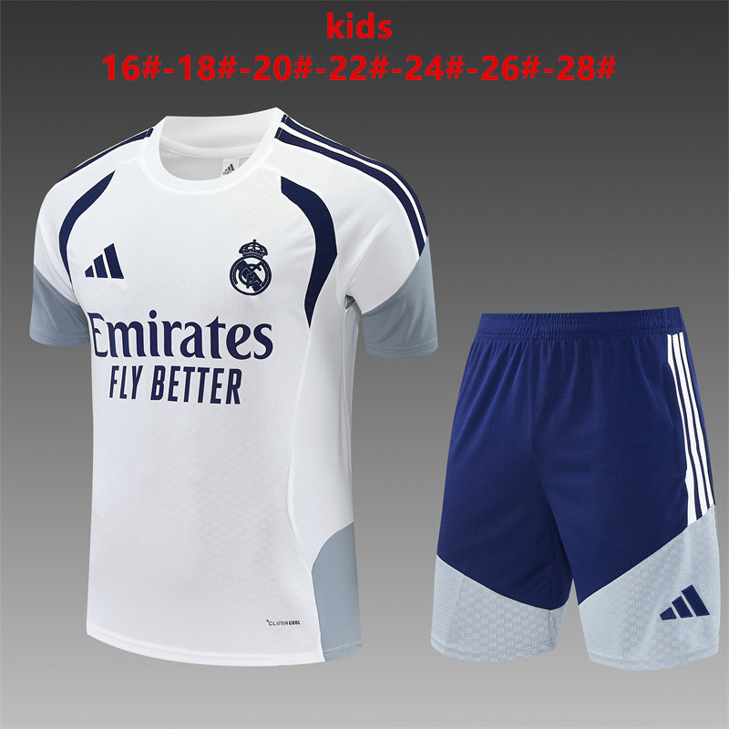 Real Madrid 2026 Kids white  Electric Blue Training Sets Zipper Pocket Short Sleeve |   C14012