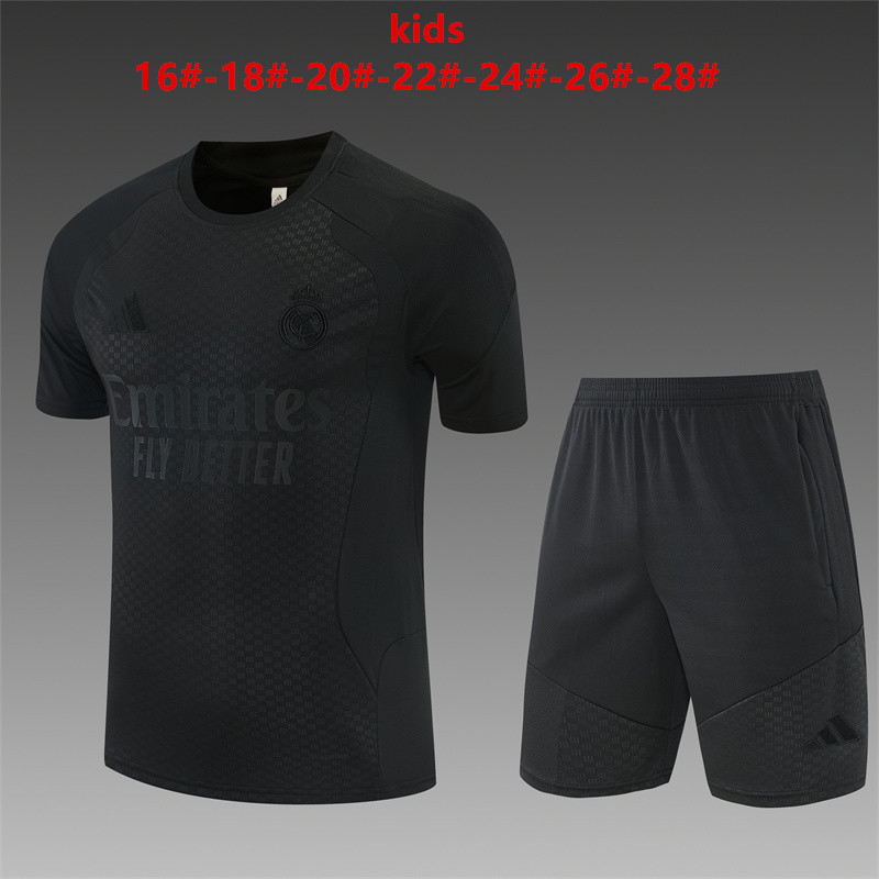 Real Madrid 2026 Kids Black Electric Blue Training Sets Zipper Pocket Short Sleeve |   C14012