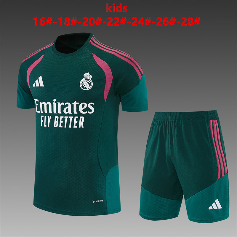 Real Madrid 2026 Kids Green Blue Training Sets Zipper Pocket Short Sleeve |   C14012
