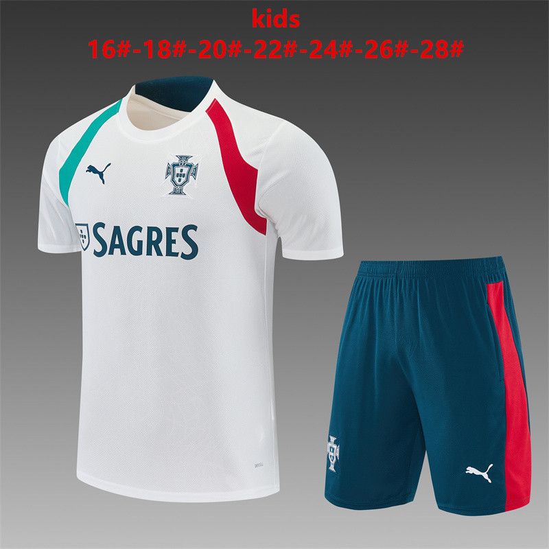 Portugal 2026 Kids White Training Sets Zipper Pocket Short Sleeve |   C14012