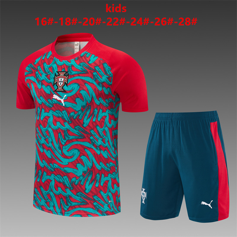 Portugal 2026 Kids green Training Sets Zipper Pocket Short Sleeve |   C14012