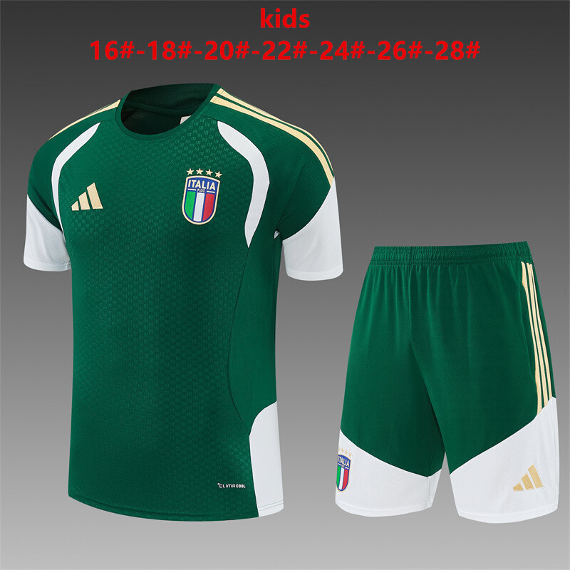 Italy 2026 Kids Green Training Sets Zipper Pocket Short Sleeve |   C14012