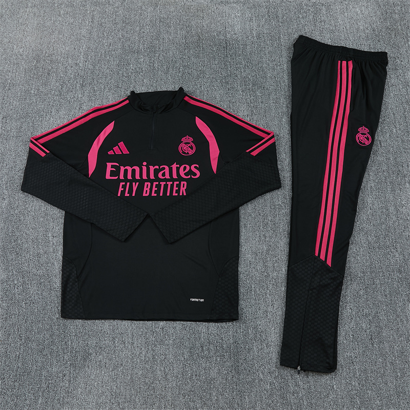 2627 Real Madrid black with rose red half zipper  long sleeves training suit S-3XL