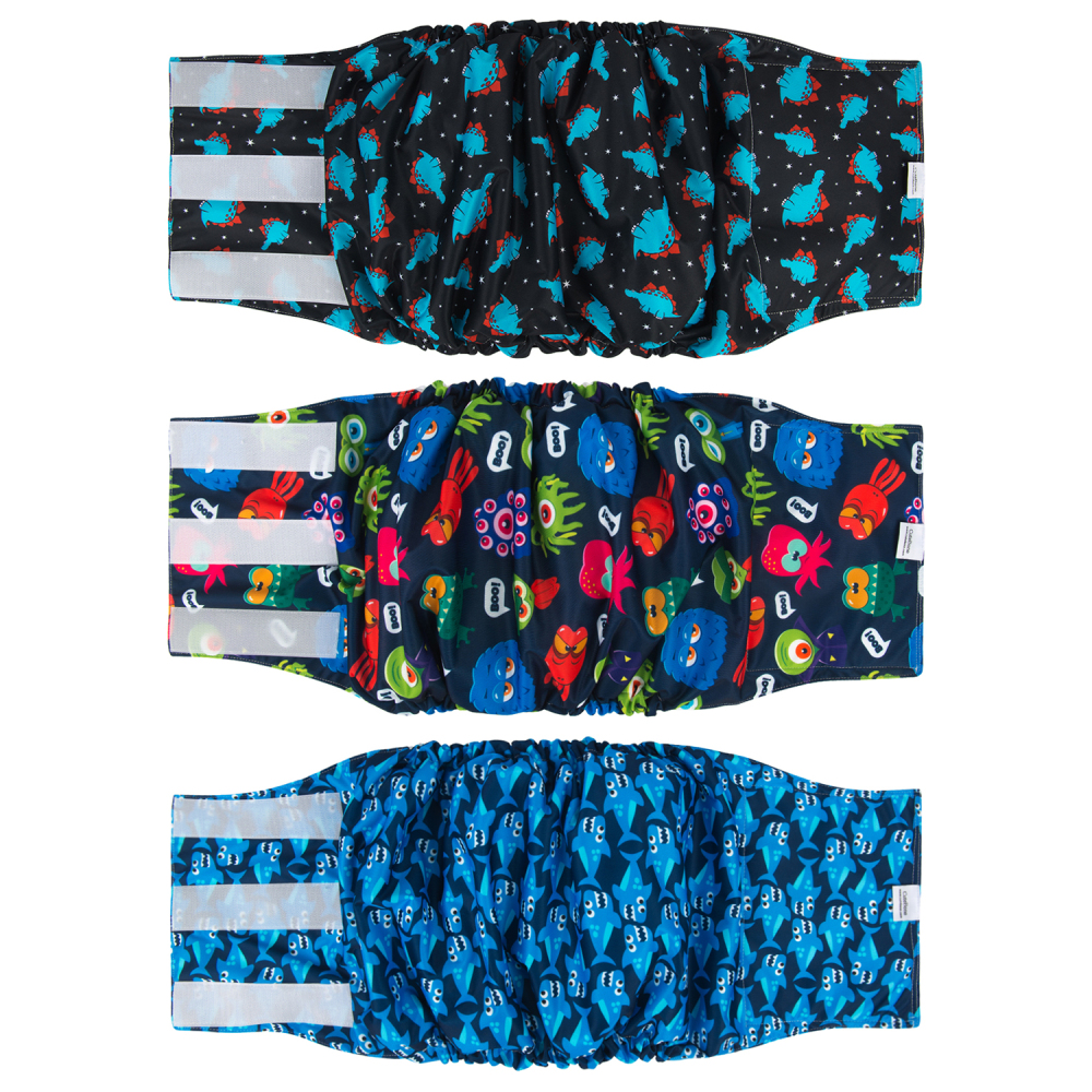 3pcs Washable Belly Bands for Male Dogs -- Dinosaur&Shark
