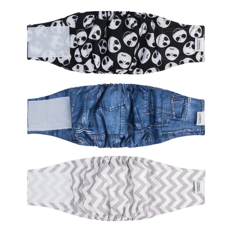 3pcs Washable Belly Bands for Male Dogs -- Skull &amp; Jean &amp; Strip