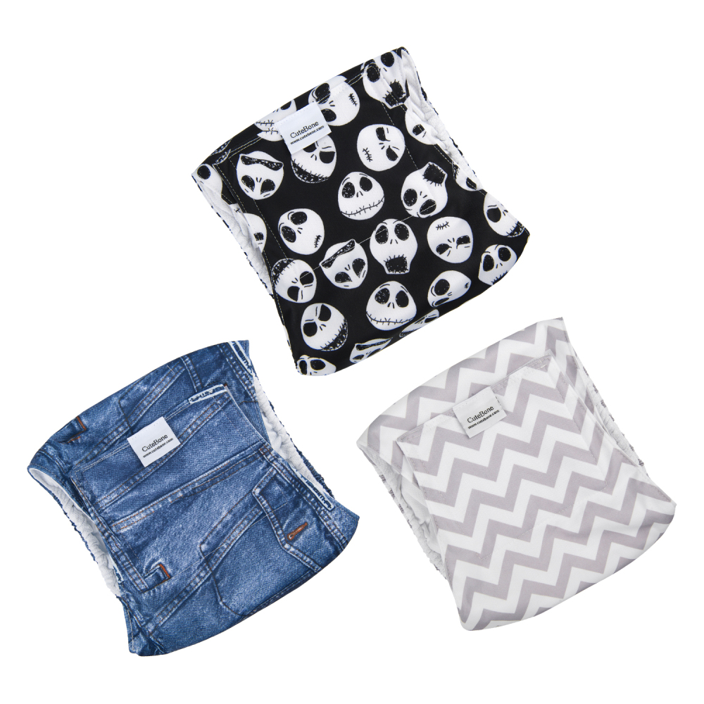 3pcs Washable Belly Bands for Male Dogs -- Skull & Jean & Strip