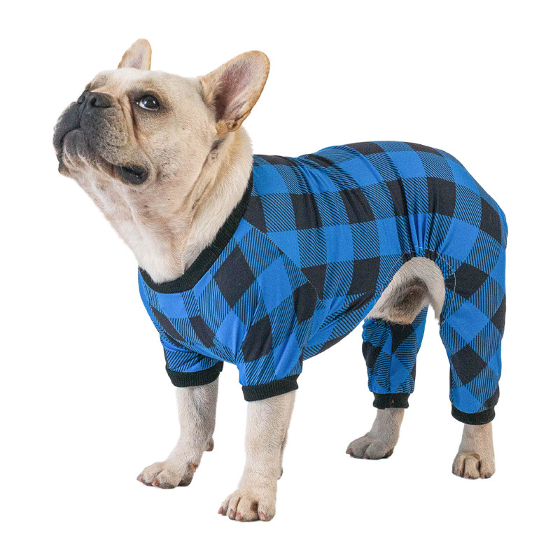 Cotton and Stretchy Dog Pajamas - Plaid Blue