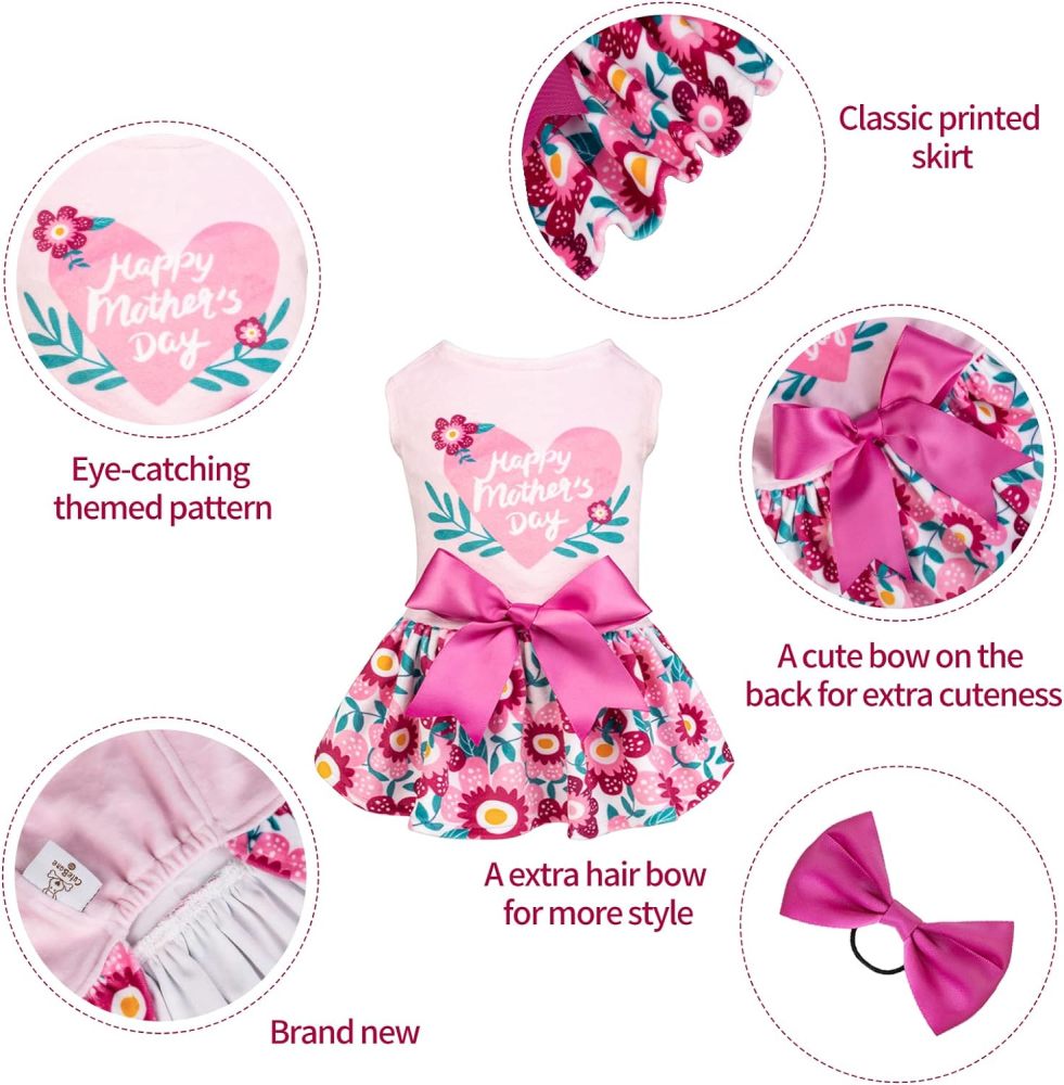 CuteBone Houndstooth Dog Dress Velvet Turtleneck Puppy Skirt with Bow Hair Rope Birthday Gift CVA22-D