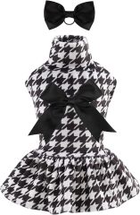 CuteBone Houndstooth Dog Dress Velvet Turtleneck Puppy Skirt with Bow Hair Rope Birthday Gift CVD04