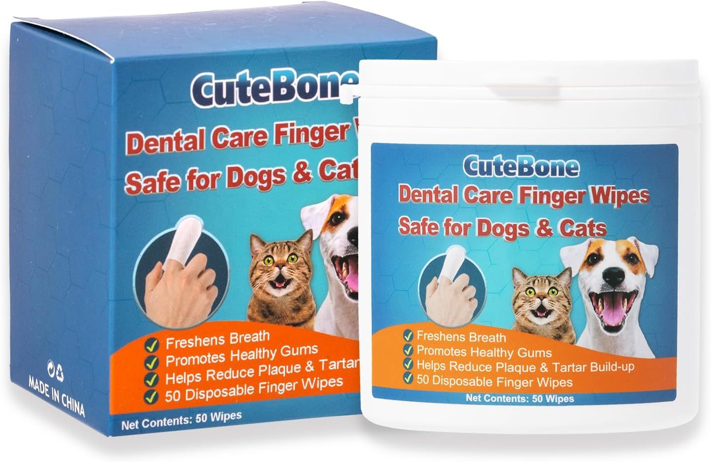 CuteBone Pet Dental Finger Wipes - 50 Count, Easy Oral Care for Cats & Dogs, Disposable, Stress-Free