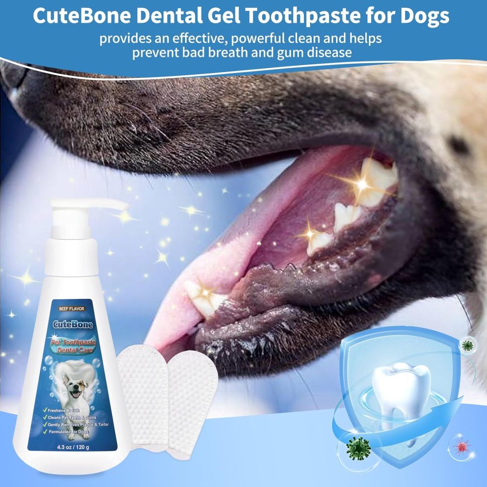 CuteBone Beef-Flavored Dog Toothpaste 4.3oz/120g with 10 Count Pet Dental Finger Dry Wipes Dental Care for Fresh Breath & Healthy Gums