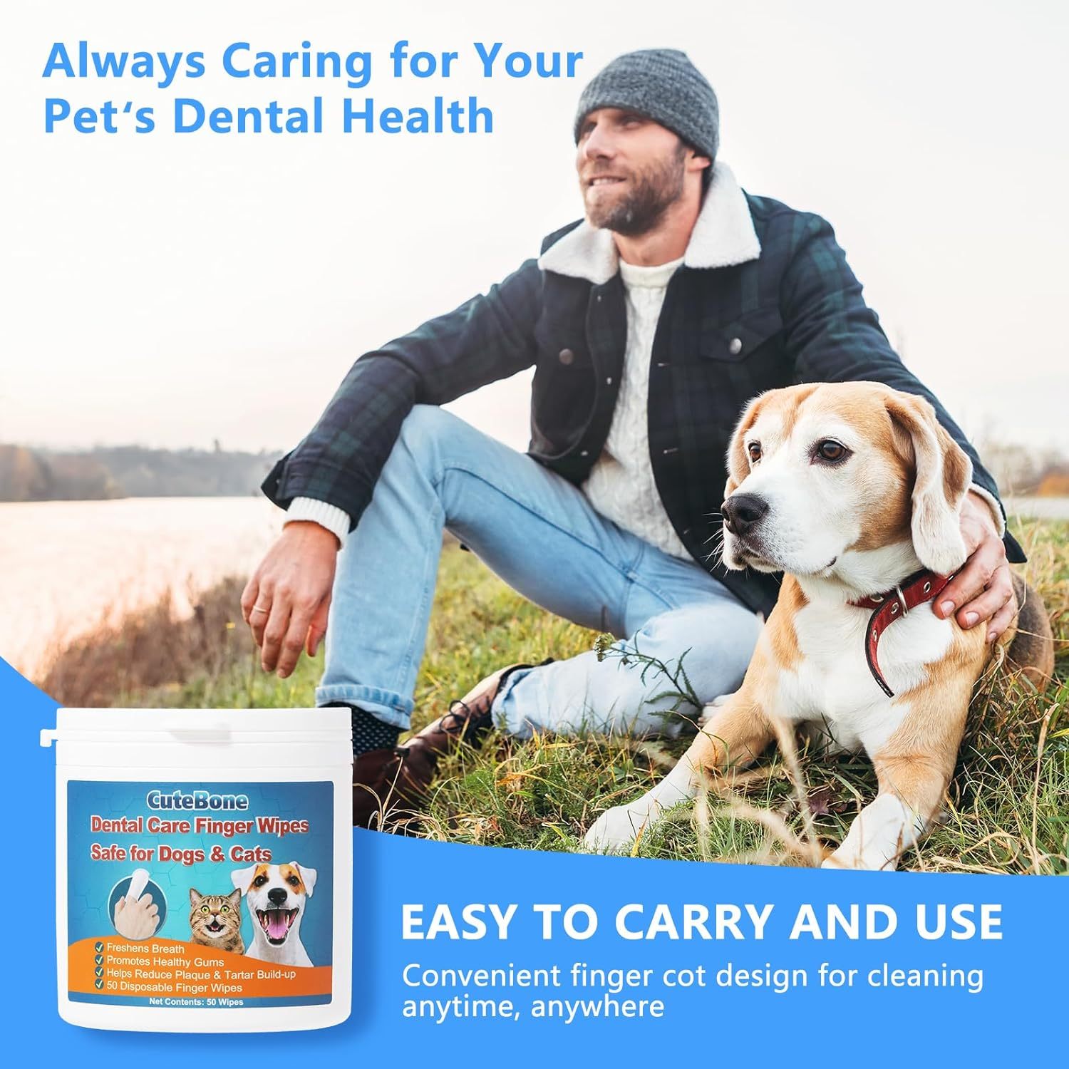 CuteBone Pet Dental Finger Wipes - 50 Count, Easy Oral Care for Cats & Dogs, Disposable, Stress-Free