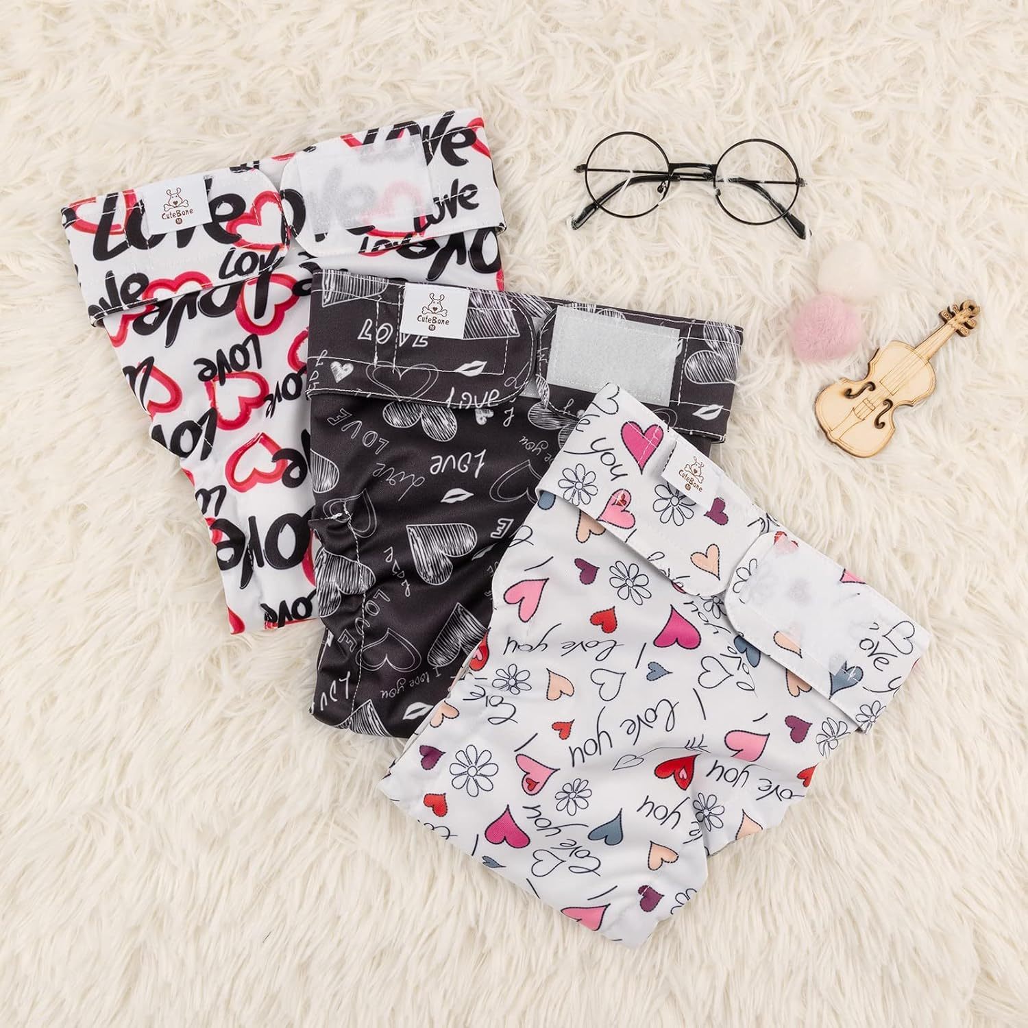 CuteBone Washable Dog Diapers Female 3 Pack Puppy Training Pants for Docked-tail Dogs WWD03