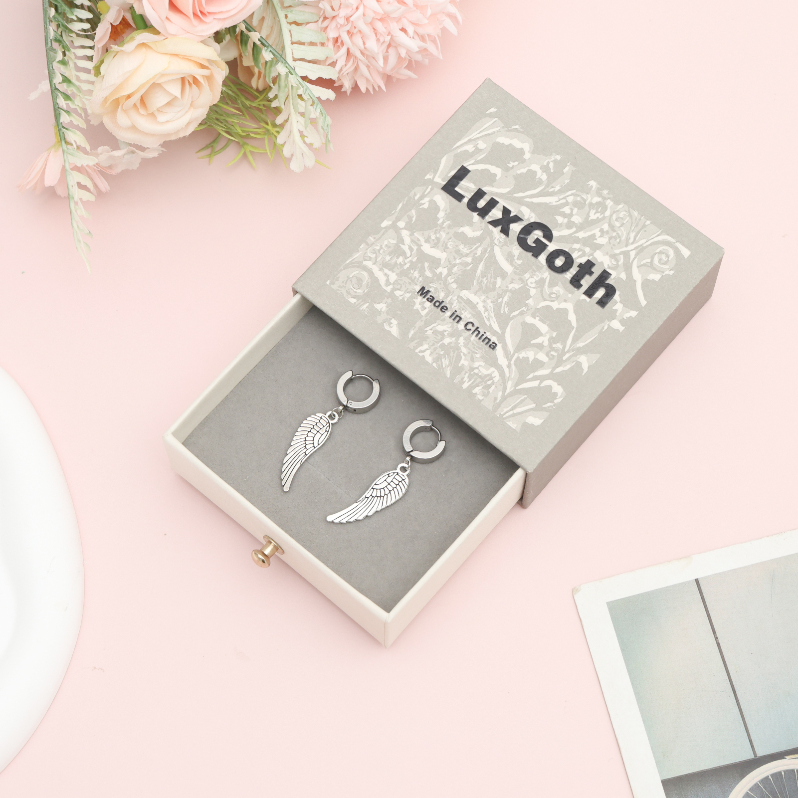 LuxGoth Vintage Angel Wing Earrings - Stainless Steel Feather Wing Dangle Earrings with Small Hoop, Unisex Hanging Drop Jewerly for Men and Women