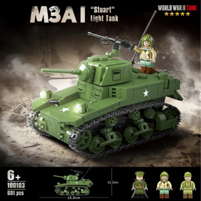 MOC WW2 Military Model M3A1 Stuart Light Tank Building Blocks US Soldier Army Weapons Minifigures Collectible Bricks Gift Boy Kid