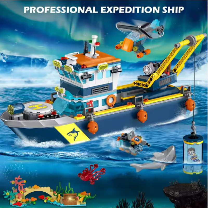 HOGOKIDS Floatable Boat Building Set with LED-Fun Arctic Explorer Ship with Helicopter Sub Shark Cage Birthday Gift for 6+kids