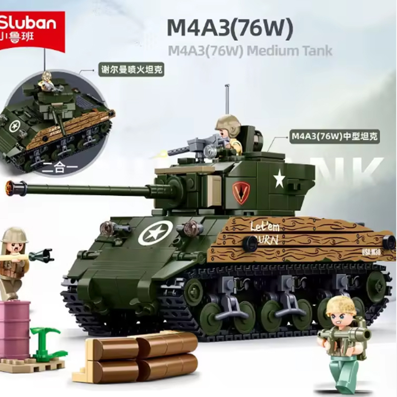 Sluban 715PCS M4A3 Medium Tank Model Bricks WW2 Classic Army Armored Tank Figure Building Blocks Set DIY Toys For Chilren Gifts