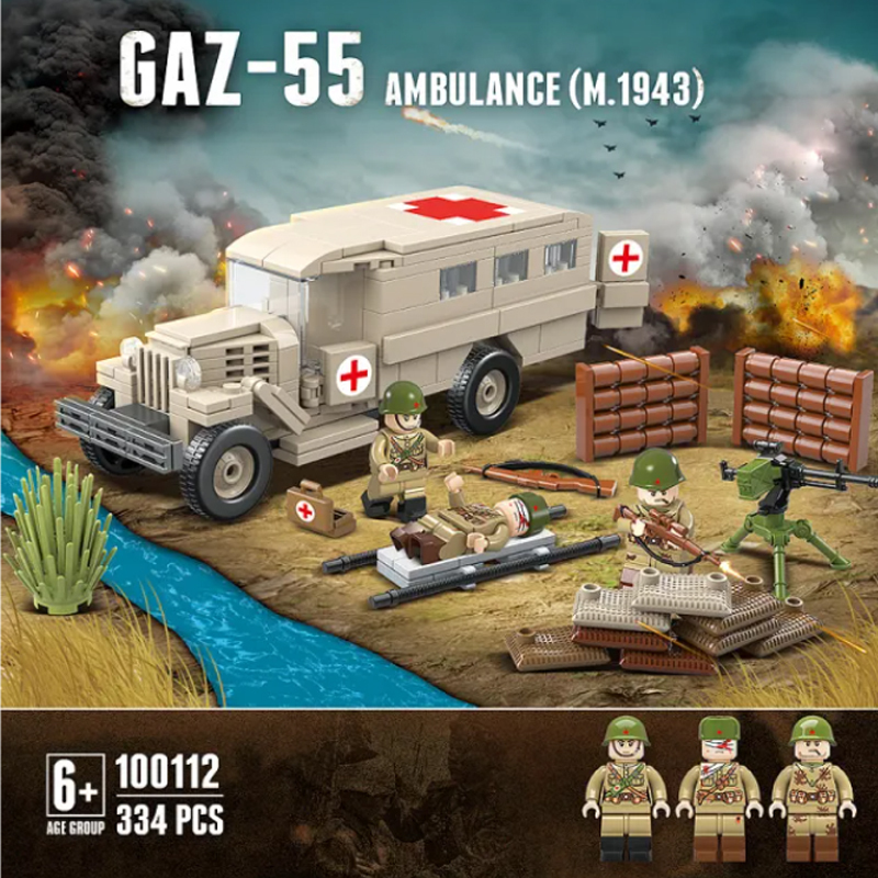 WW2 Military Ambulance Building Blocks City Vehical German Soviet Gaz-55 Model Soldier Army Weapons Collectible DIY Toy For Boys