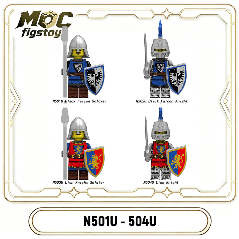 Medieval Castle Knight  Black Falcon Solider Lion Minifigures Building Blocks UV Printed Shield Spear Military Weapon Toys N501U-504U