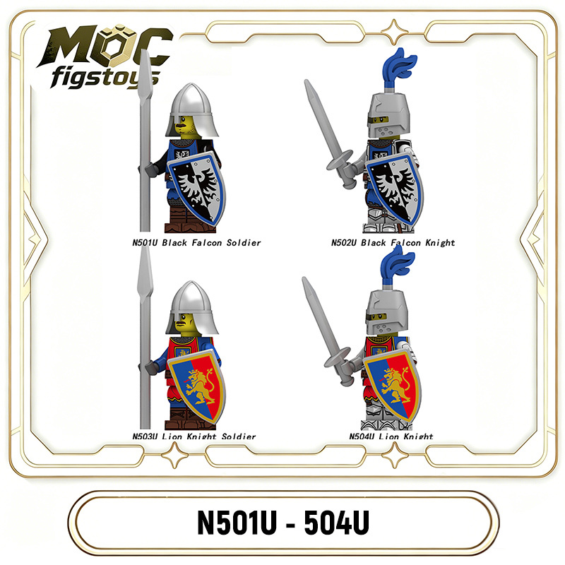 Medieval Castle Knight  Black Falcon Solider Lion Minifigures Building Blocks UV Printed Shield Spear Military Weapon Toys N501U-504U