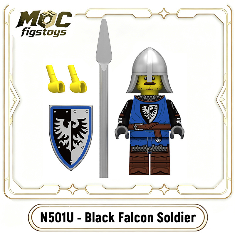 Medieval Castle Knight  Black Falcon Solider Lion Minifigures Building Blocks UV Printed Shield Spear Military Weapon Toys N501U-504U