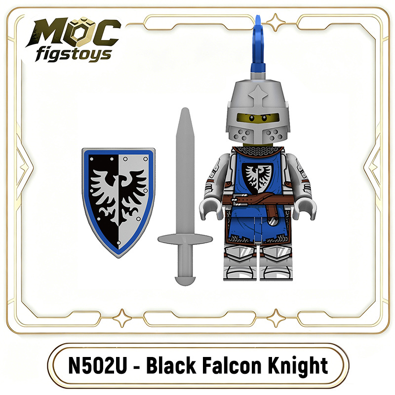 Medieval Castle Knight  Black Falcon Solider Lion Minifigures Building Blocks UV Printed Shield Spear Military Weapon Toys N501U-504U