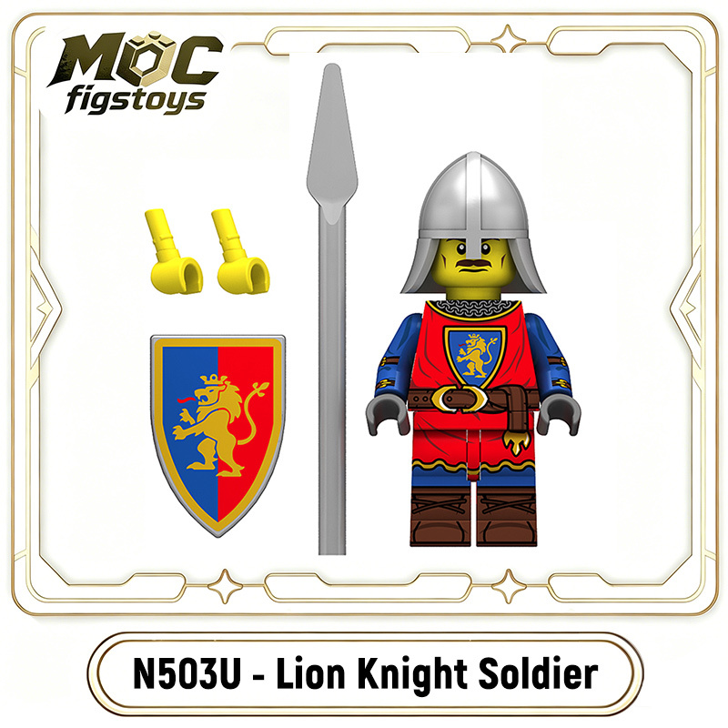 Medieval Castle Knight  Black Falcon Solider Lion Minifigures Building Blocks UV Printed Shield Spear Military Weapon Toys N501U-504U