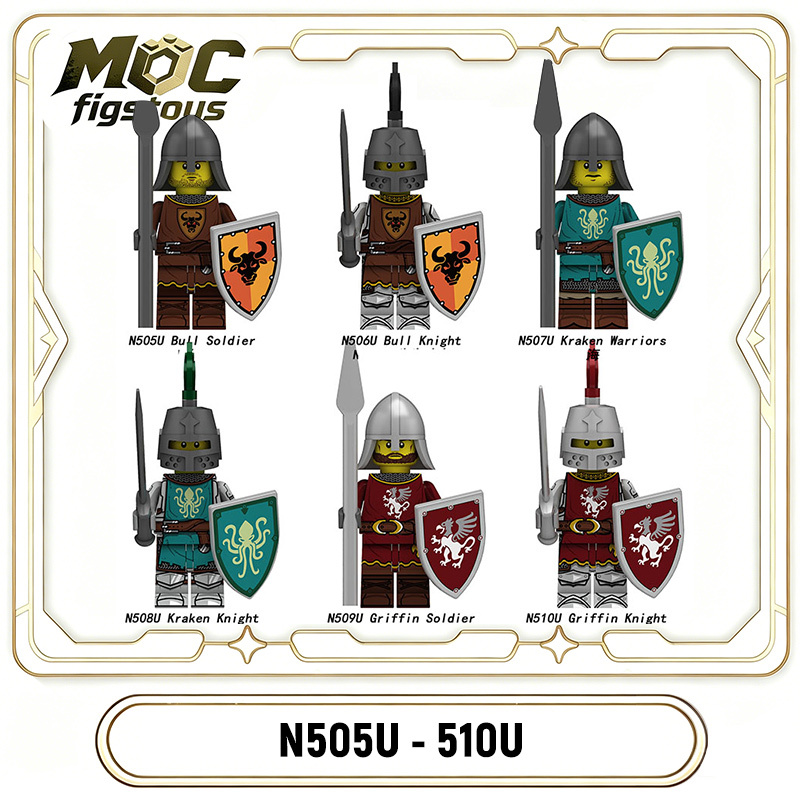 Medieval Griffin Knight  Bull Solider Kraken Wrriors Minifigues Building Blocks UV Printed Military Shield Spear Weapon Toys N505U-510U