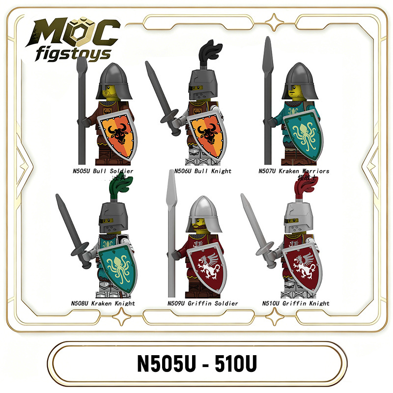 Medieval Griffin Knight  Bull Solider Kraken Wrriors Minifigues Building Blocks UV Printed Military Shield Spear Weapon Toys N505U-510U