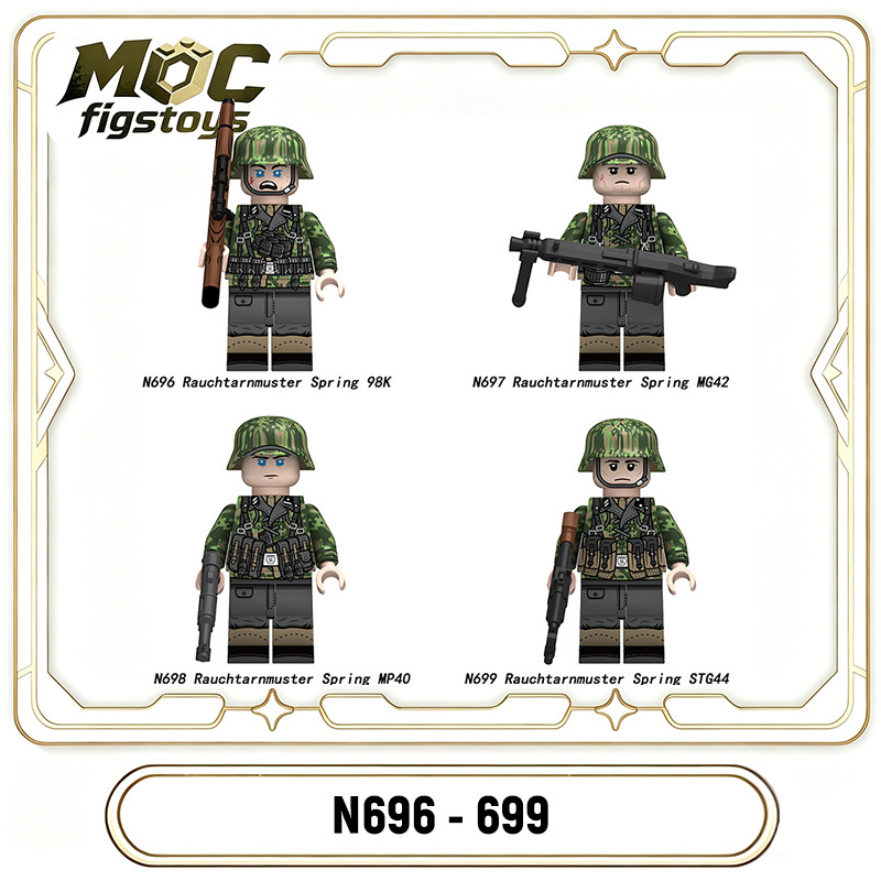 WW2 German Army Soldier Minifigures Rauchtarnmuster Spring Building Blocks Military Accessories MP40 STG44 98K Weapons Gifts Toy N696-699