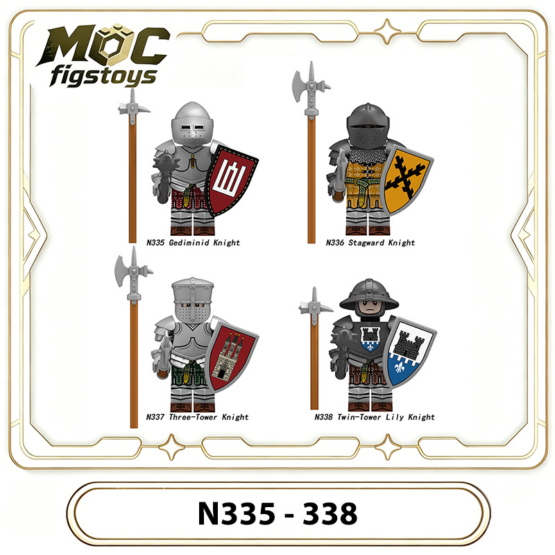 Medieval Knight Three-Tower Solider Lily Kraken Wrriors Minifigures Building BlocksGediminid Stagward Shield Spear Weapon Toys N335-338
