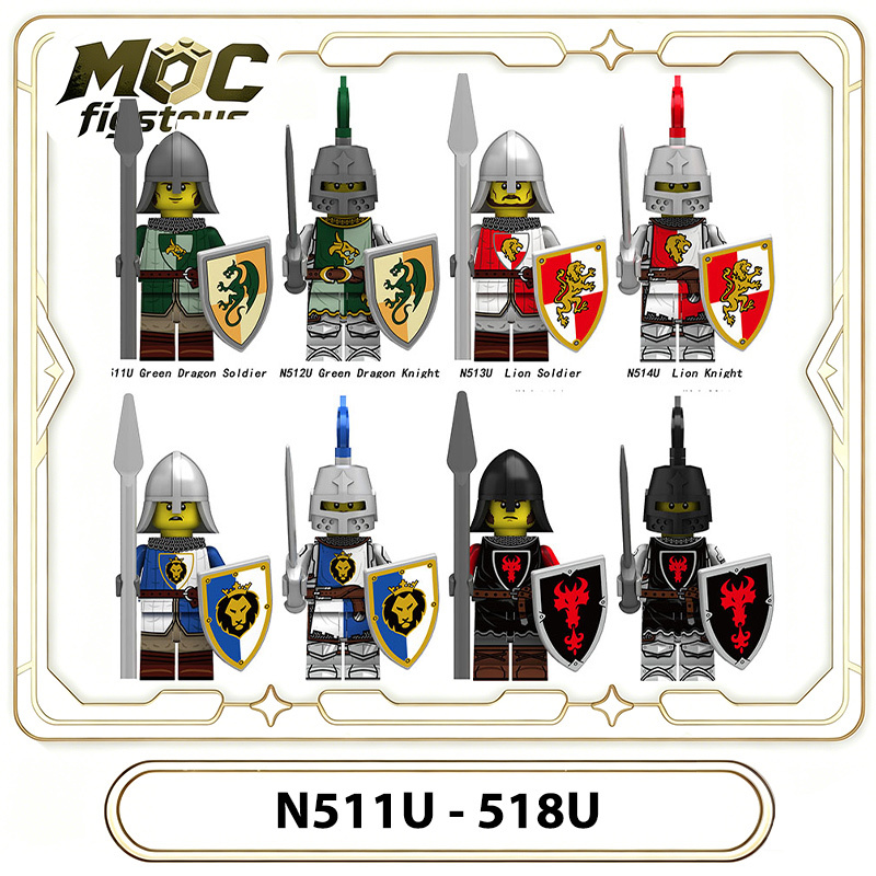 Medieval Knight Green Dragon Solider Lion Warriors Minifigures Building Blocks UV Printed King Shield Spear Weapon Toys Gifts N511U-517U