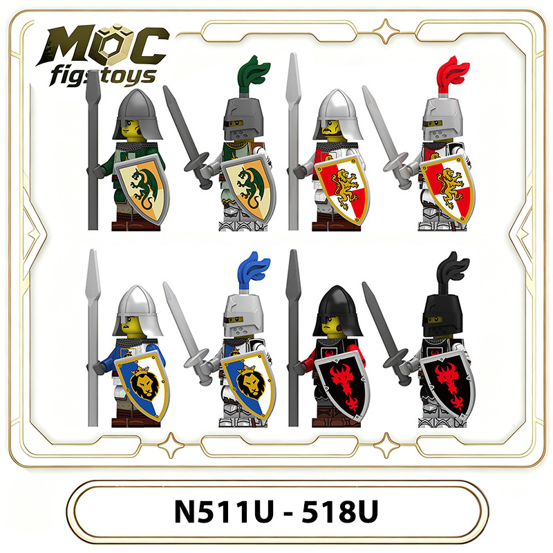 Medieval Knight Green Dragon Solider Lion Warriors Minifigures Building Blocks UV Printed King Shield Spear Weapon Toys Gifts N511U-517U